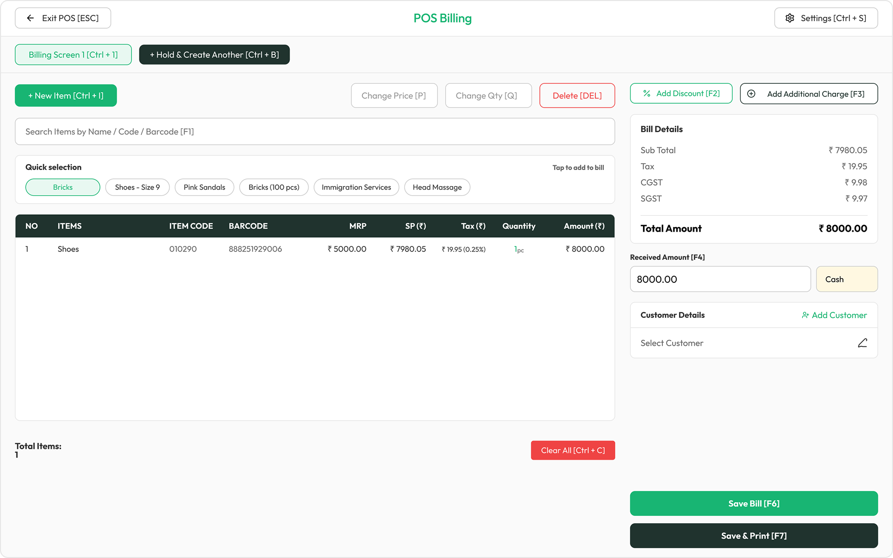 Khata Tracker POS billing — item list with GST, stock, and billing panel