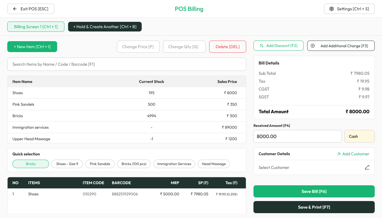 Khata Tracker POS billing — item list with GST, stock, and billing panel